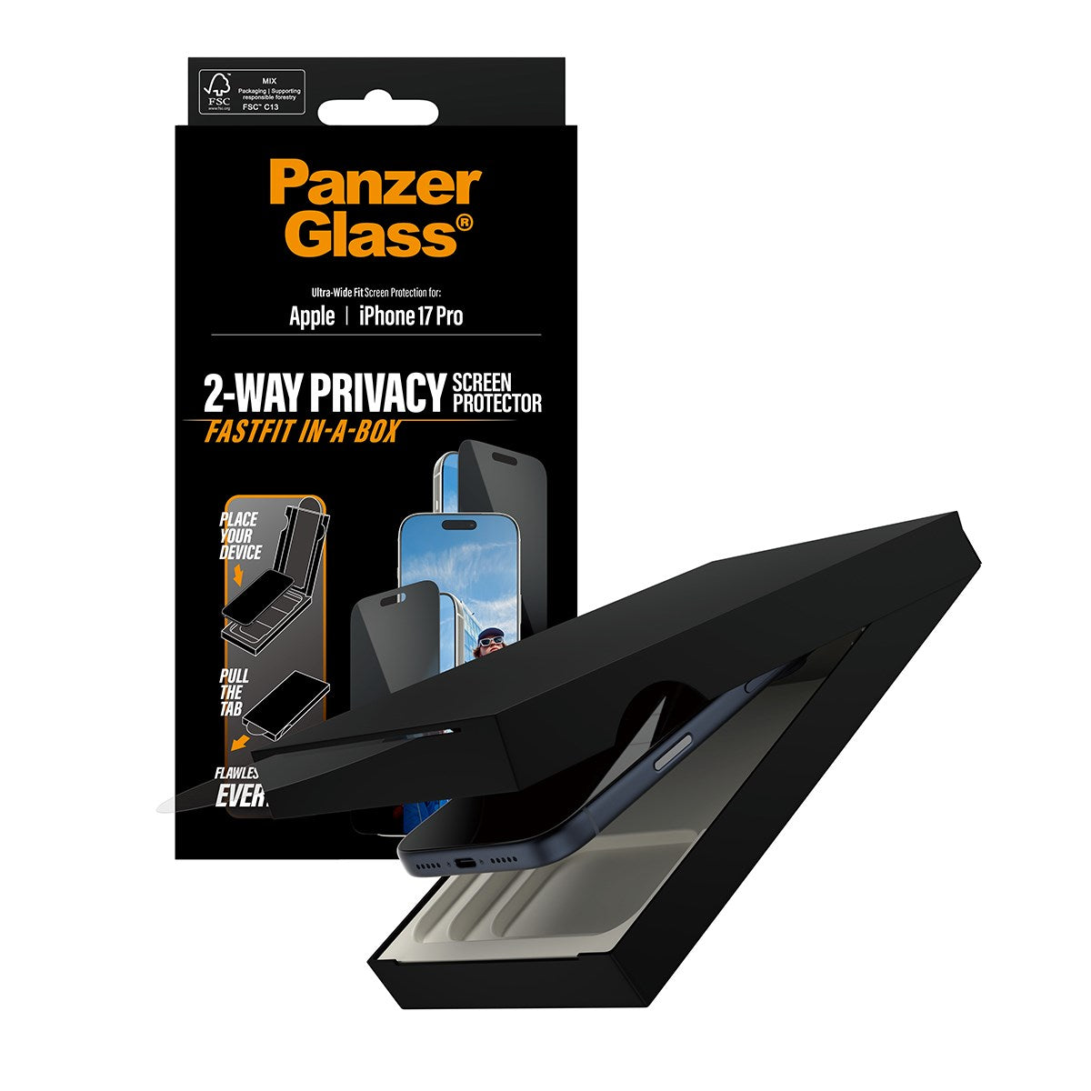 PanzerGlass® Privacy Displayschutz m. Schwarz Rahmen iPhone 17 Pro | Ultra-Wide Fit m. FASTFIT IN-A-BOX